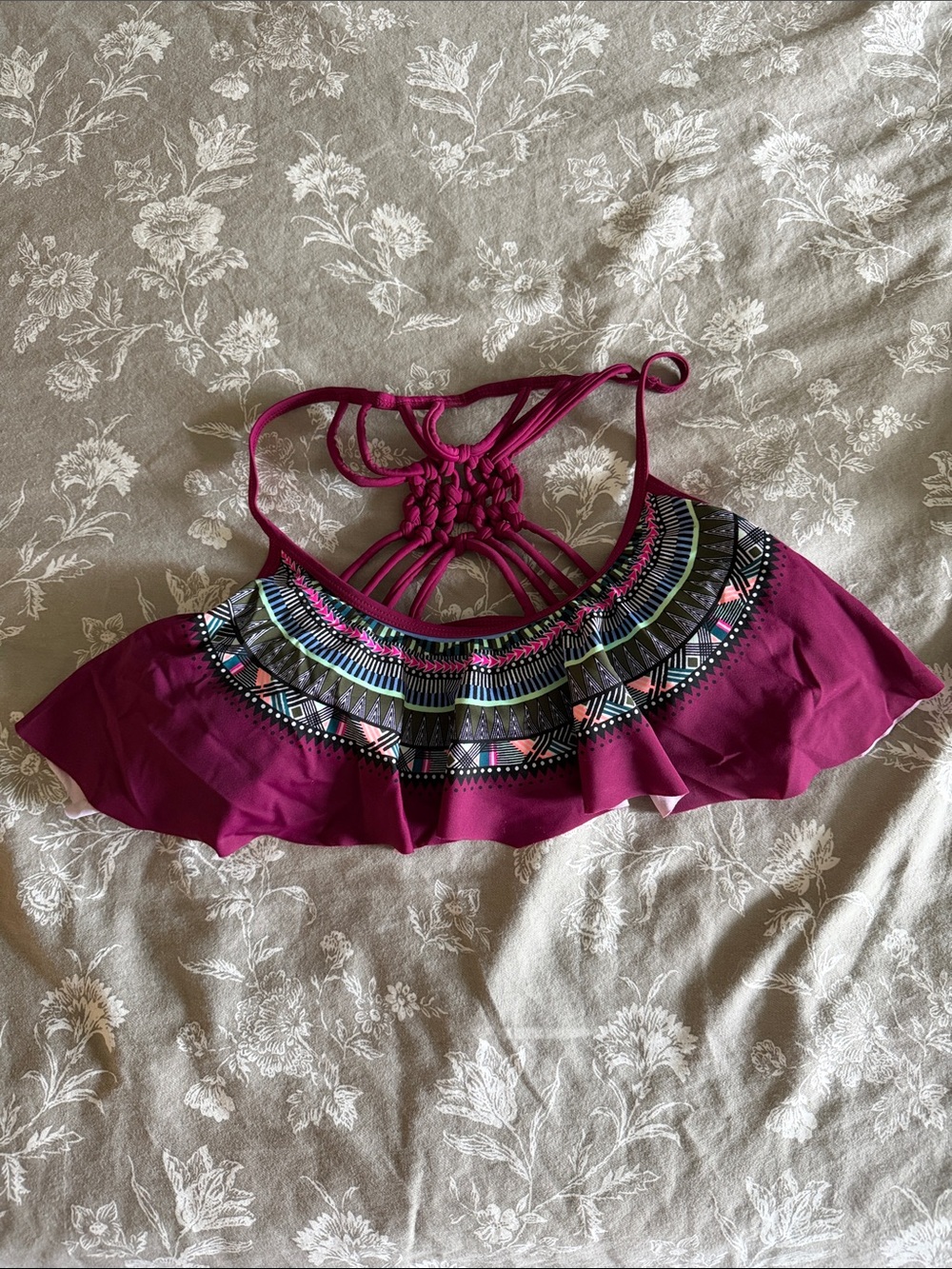 California Waves Magenta Flounce Bikini Top with Embroidered Trim